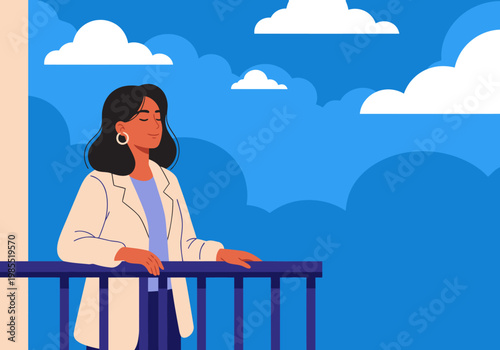 A serene woman relaxes on a balcony, enjoying fresh air and a beautiful sky. A calming and peaceful scene.