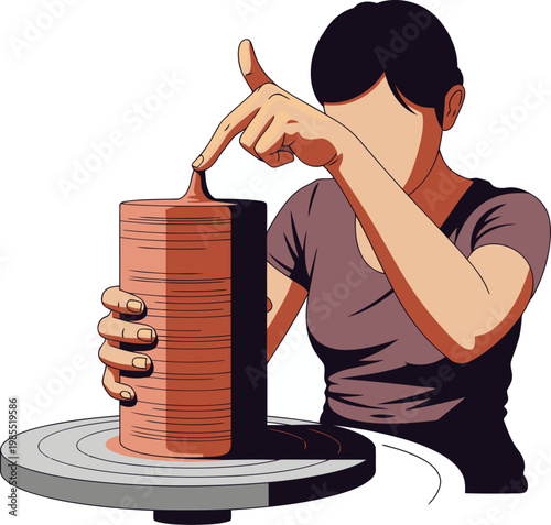 A woman skillfully centers clay on a spinning wheel, creating a cylinder. Focused and engaged, she demonstrates pottery technique. Warm tones and a studio setting.