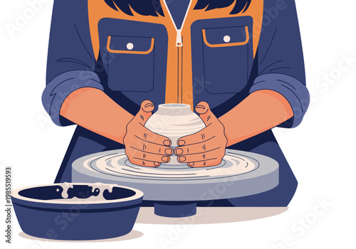 A skilled potter centers clay on a spinning wheel, demonstrating a traditional craft. Vibrant colors and a focused expression highlight the process.