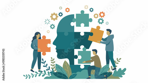 People collaboratively building a human head puzzle for mental well-being