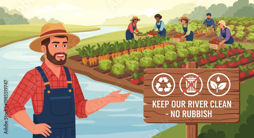 Man in overalls standing by river.