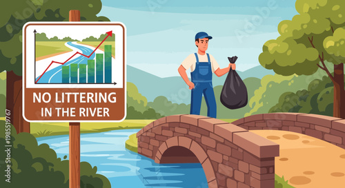 Man holding trash bag on bridge.