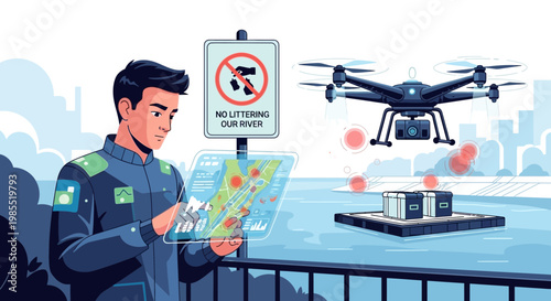 Man operating drone with tablet device.