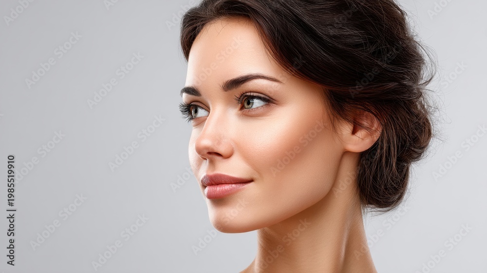 Naklejka premium Beautiful woman with natural makeup and elegant hairstyle, showcasing healthy skin and soft features on a neutral background for beauty and fashion concepts