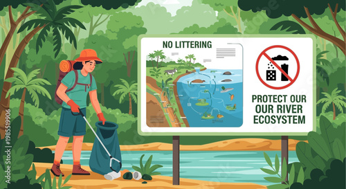 Man picking up trash by river.