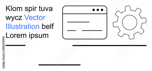 Technology, software development, web design, coding, user interface, automation. Browser window and gear icon in a minimalist layout. Technology and software development