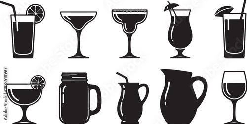 Various types of wine glasses and jugs illustrated against a white background Vector