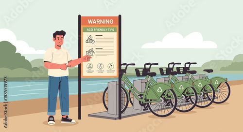 Man pointing at bicycle rental sign.