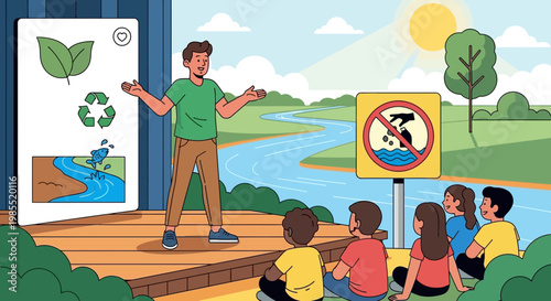 Man teaching children about recycling.