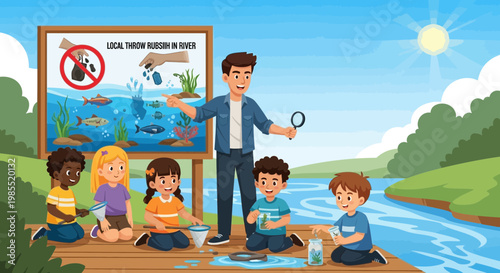 Man teaching children by river side.