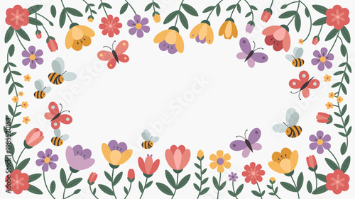 Spring Flower Border Vector Colorful Garden Frame with Butterfly and Bee