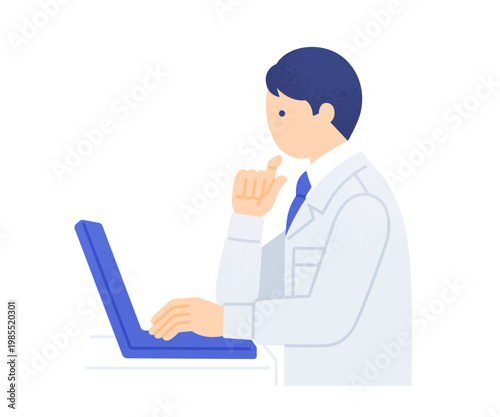 デスクでパソコン業務を行う男性作業員の横顔 上半身の人物ベクターイラスト素材