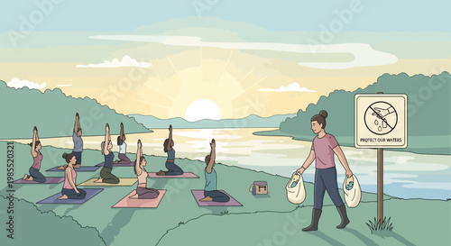 People doing yoga on the beach.