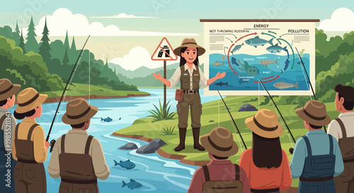 People fishing by a river guide.