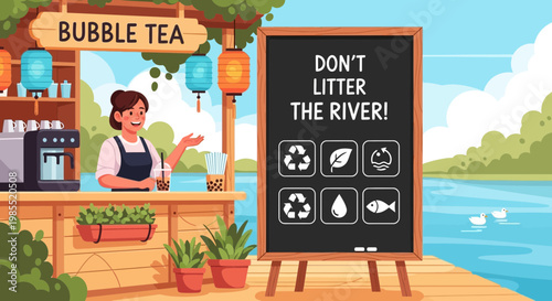 Woman holding cup at bubble tea shop.