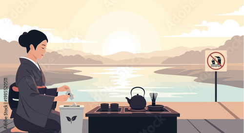 Woman in kimono drinking tea alone.