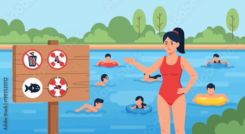 Woman in red swimsuit at pool.