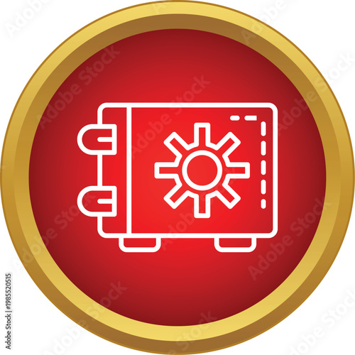 Red button with a white outline icon of a safe vault for security