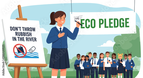 Woman holding eco pledge sign standing.