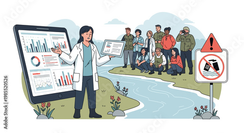 Woman in white lab coat presenting data.