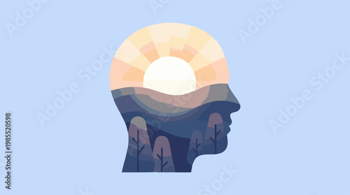 Mindfulness and inner peace with sunrise landscape inside human head silhouette