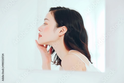 美容, 女性, スキンケア, 化粧品, ビューティー, 若い女性, 美肌, 日本人, アジア人, フェイシャル, メイク, 美容液, 保湿, クリーム, エイジングケア, 美容医療, エステ, 美容クリニック, 肌ケア, ナチュラルメイク, 透明感, ツヤ肌, モデル, 笑顔, ポートレート, クローズアップ, リラックス, 癒し, 健康的, 美白, コラーゲン, ヒアルロン酸, アンチエイジング