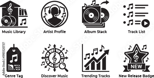 Music icons, audio symbols, sound effects, 8 music industry graphics, black and white vector set