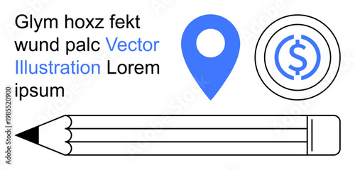 Location tracking, finance, writing tools, business planning, education, creative projects. Blue map pin, dollar coin symbol and pencil on a white background. Location tracking and finance concepts