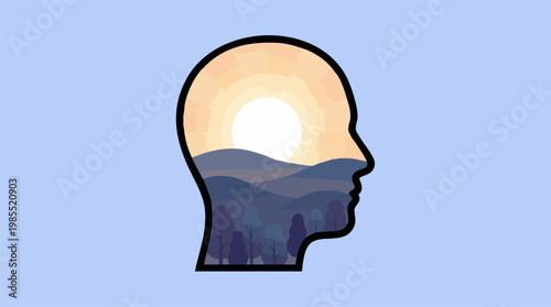 Human head silhouette with serene nature and rising sun inside