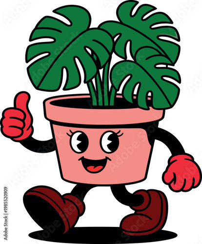 Retro Plant Pot Cartoon Vector Illustration