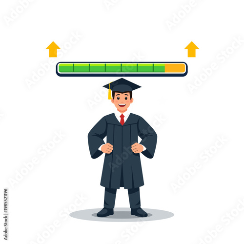 Flat vector illustration of a graduate with a progress bar, representing learning progress, academic achievement, and successful completion of education.
