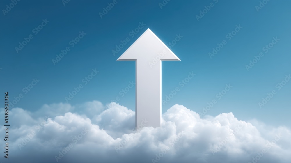 Fototapeta premium White Arrow Rising Above Soft White Clouds in a Bright Blue Sky Symbolizing Growth, Hope, and New Opportunities for Future Endeavors and Achievements