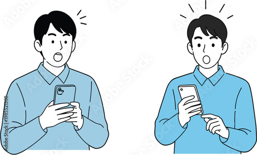 Surprised young man looking at smartphone screen with shocked expression receiving amazing news winning lottery