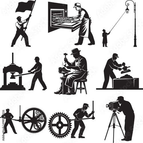 Vintage Industrial Laborer and Traditional Artisan Silhouette Set Featuring a Baker, Cobbler, Lamplighter, Gear Operators, and Photographer in a Classic Retro Woodcut Style