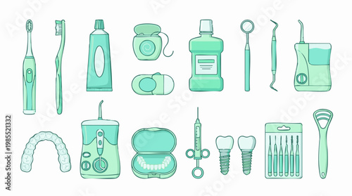 Collection of dental care and oral hygiene tools. Dentistry equipment set.