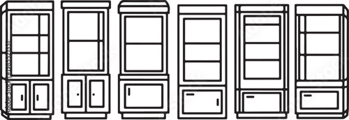 A series of six distinct architectural door designs shown in elevation view Vector