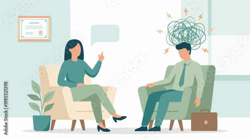 Mental Health Therapy Session: Psychologist Helps Man with Stress and Anxiety