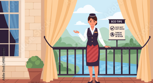Woman standing on hotel balcony gesturing.