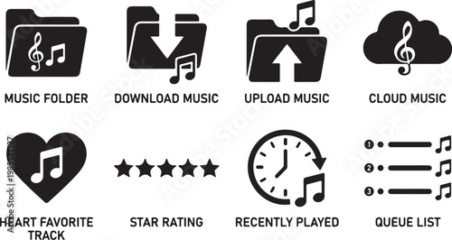 Music icons, audio symbols, sound file graphics, black vector set