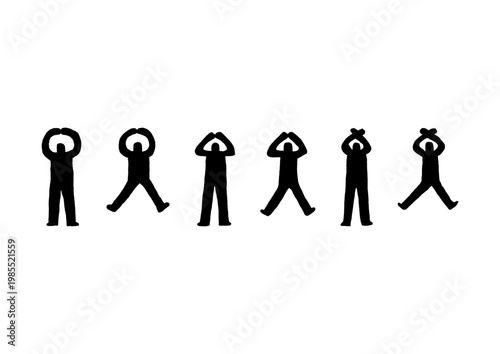 両手で丸・三角・バツのジェスチャーをしている人型シルエットのゆるい手描きイラストセット（黒）