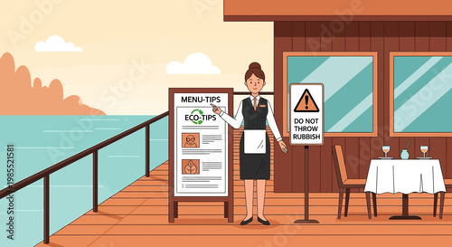 Woman standing on restaurant deck outdoors.