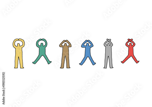 両手で丸・三角・バツのジェスチャーをしている人型シルエットのゆるい手描きイラストセット（カラフル）