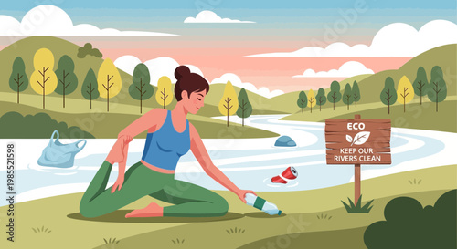 Woman stretches on green grass field.