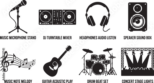 Music icons, audio equipment, sound symbols, music instruments, vector graphics