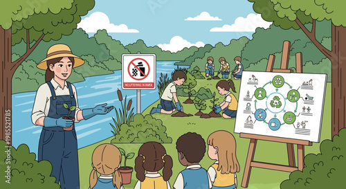 Woman teaching kids about river ecosystem.