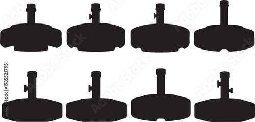 A set of eight black desk lamps with adjustable arms and round shades Vector