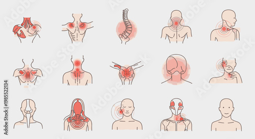 Medical illustration set depicting various human body pain points and discomfort areas, including back, neck, head, and joint pain.