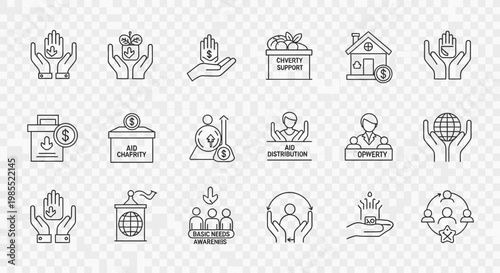 A comprehensive collection of line art icons representing various aspects of charity, donation, social support, and community aid concepts.