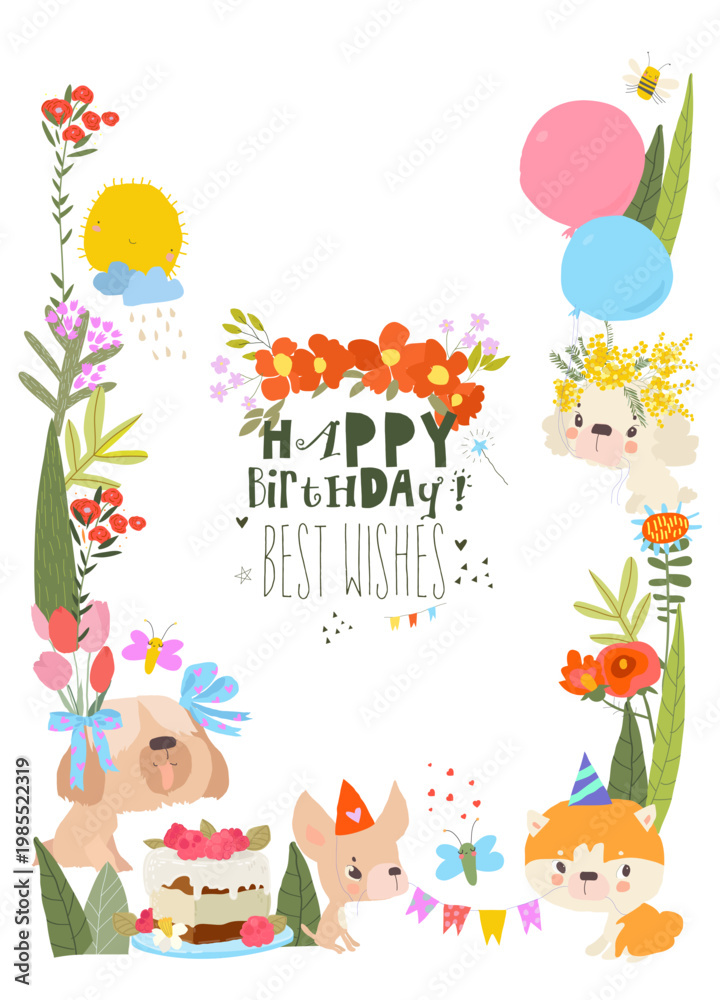 Fototapeta premium Floral Frame with Cute Funny Dogs celebrating Birthday