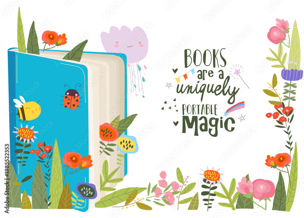 Fototapeta premium Cartoon Illustration of Open Book With Color Flowers
